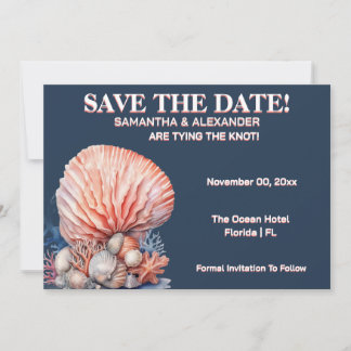 Elegant Beach Coral Wedding Invitation Blue