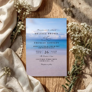 Elegant Beach Ocean Watercolor QR Code Wedding Invitation