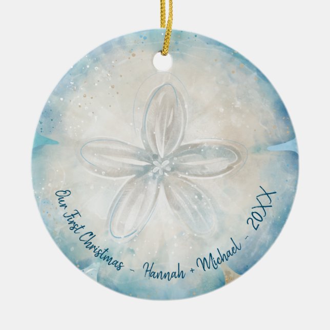 Elegant Beach Photo Watercolor Sand Dollar Ceramic Tree Decoration (Front)