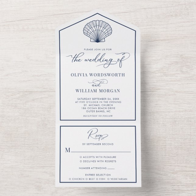 Elegant Beach Scallop Shell Wedding Navy Blue All In One Invitation (Inside)