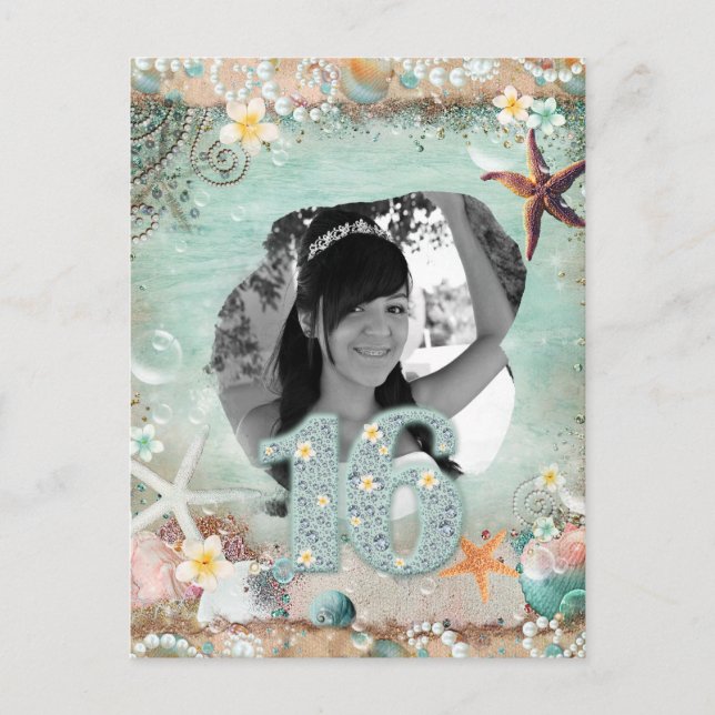 Elegant Beach Sea Starfish Pearls 16th 16 Birthday Announcement Postcard (Front)