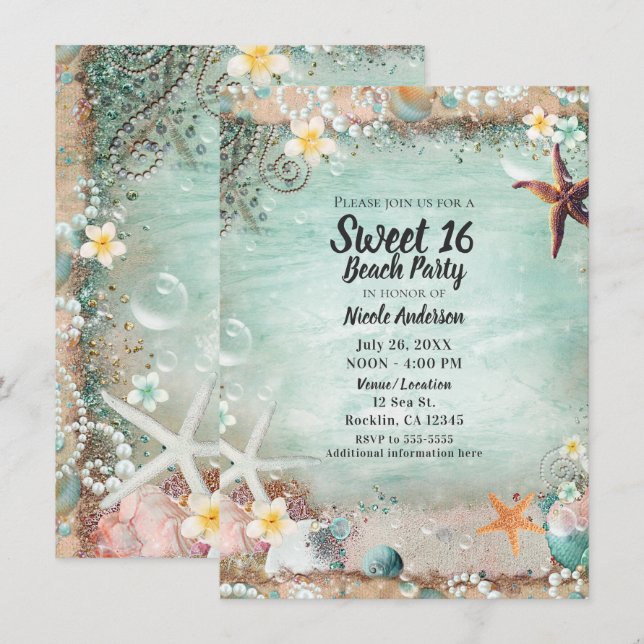 Elegant Beach Sea Starfish & Pearls Sweet 16 Photo Invitation (Front/Back)