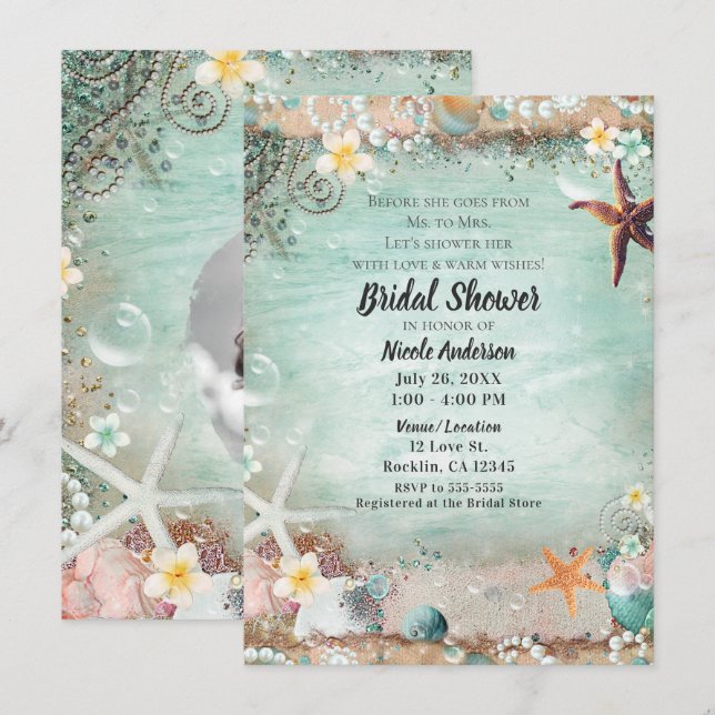 Elegant Beach Starfish Pearls Bridal Shower Photo Invitation (Front/Back)