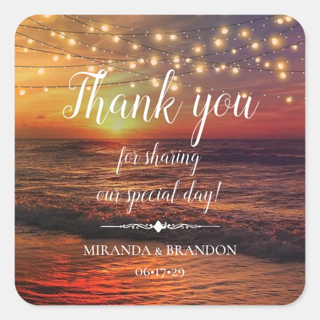 Elegant Beach String Lights Summer Thank You Square Sticker (Front)