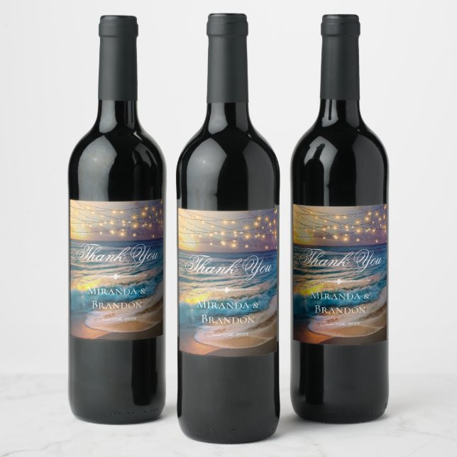 Elegant Beach String Lights Summer Thank You Wine  Wine Label (Bottles)