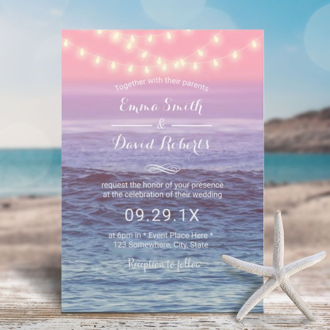 Elegant Beach String Lights Tropical Wedding Invitation (Creator Uploaded)