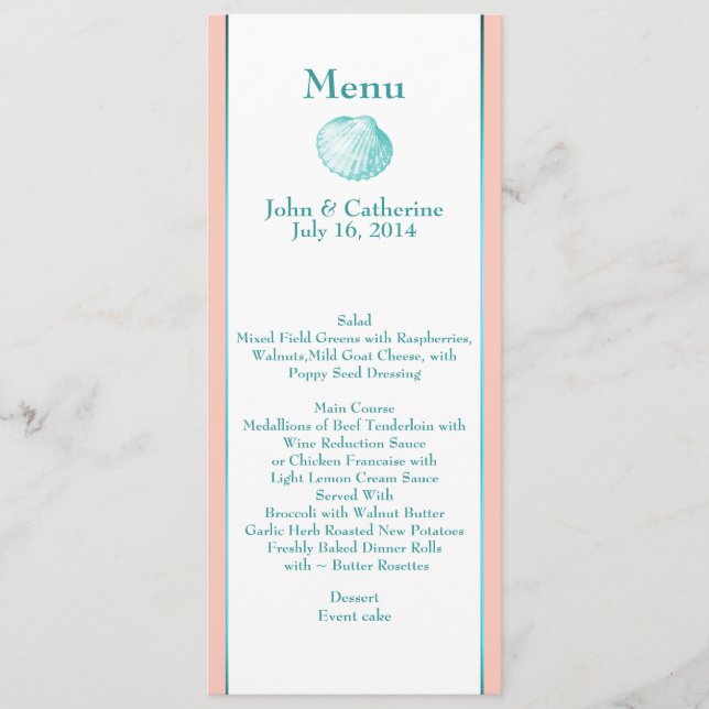 Elegant Beach Theme Sea Shell Wedding Table Menu (Front)