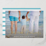 Elegant Beach Vacation Photo Christmas Gold<br><div class="desc">Send out holiday cheer with this nautical themed flat Christmas card featuring a simple design with the words "Seas and Greetings" in an elegant script,  printed in real gold foil,  along with your message over your favourite beach vacation photo.  The backside has aqua and white stripes.</div>