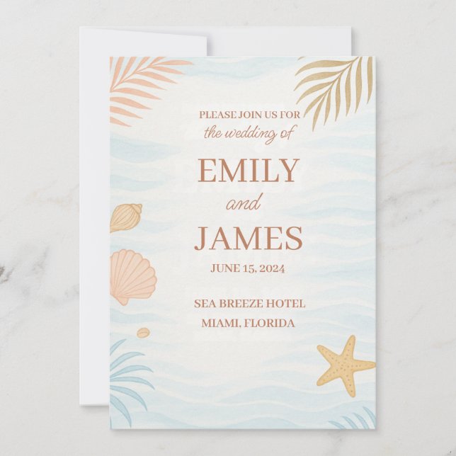 Elegant Beach Wedding Invitation, Pastel Coral  Invitation (Front)