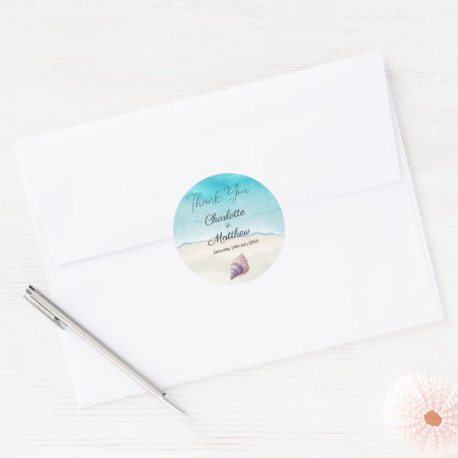Elegant Beach Wedding  Seashells Pearls Nautical  Classic Round Sticker (Envelope)