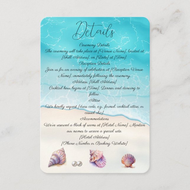 Elegant Beach Wedding  Seashells Pearls Nautical  Enclosure Card (Front)