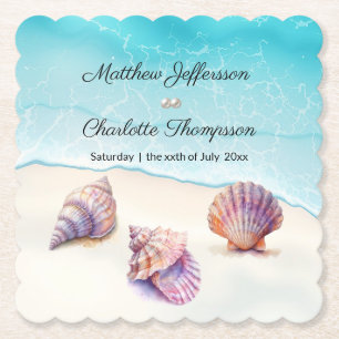Elegant Beach Wedding Seashells Pearls Nautical Paper Coaster
