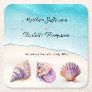 Elegant Beach Wedding Seashells Pearls Nautical Square Paper Coaster