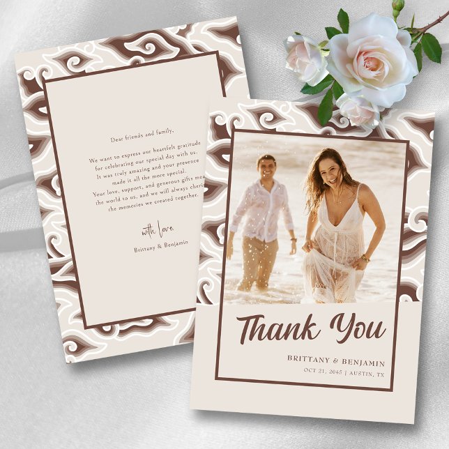 Elegant Beach Wedding Thank You Card Custom Photo (Vintage Brown Batik Gratitude Personalized Wedding Thank You Card )