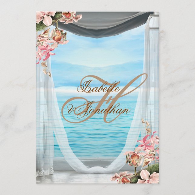 Elegant beach wedding with drapes & pink orchids invitation (Front)