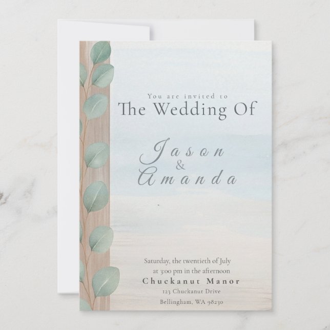 Elegant Beach with Soft Blue Wash & Sand Dollar In Invitation (Front)