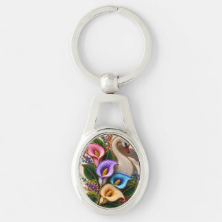 Elegant Beaded Swan Floral Artwork Key Ring