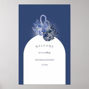 Elegant Beautiful Blue Swans Watercolor Art Poster