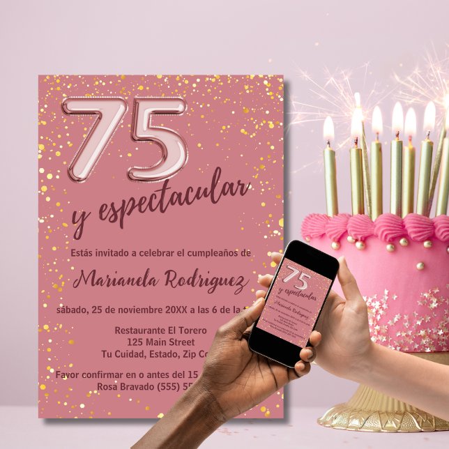 Elegant Beautiful Rose Gold 75th Birthday Spanish Invitation (Creator Uploaded)