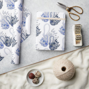Elegant Beautiful Swan In Indigo Blue Watercolor Wrapping Paper