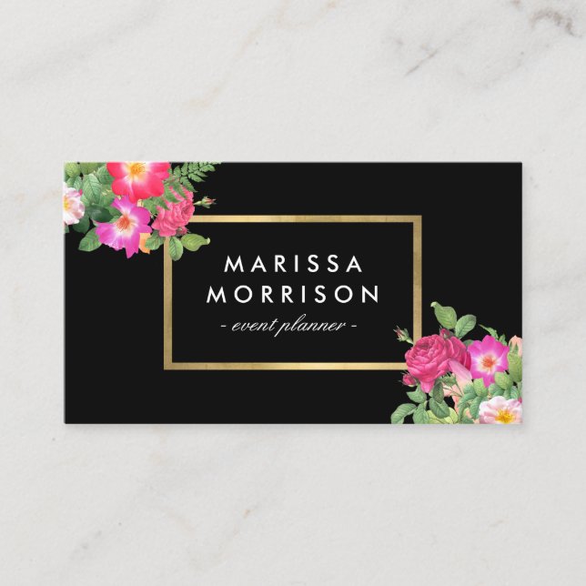 Elegant Beauty Florals Black and Faux Gold Business Card (Front)