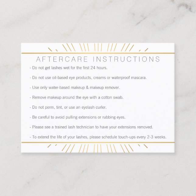 Elegant Beauty Gold Sunburst Lash Aftercare Business Card (Front)