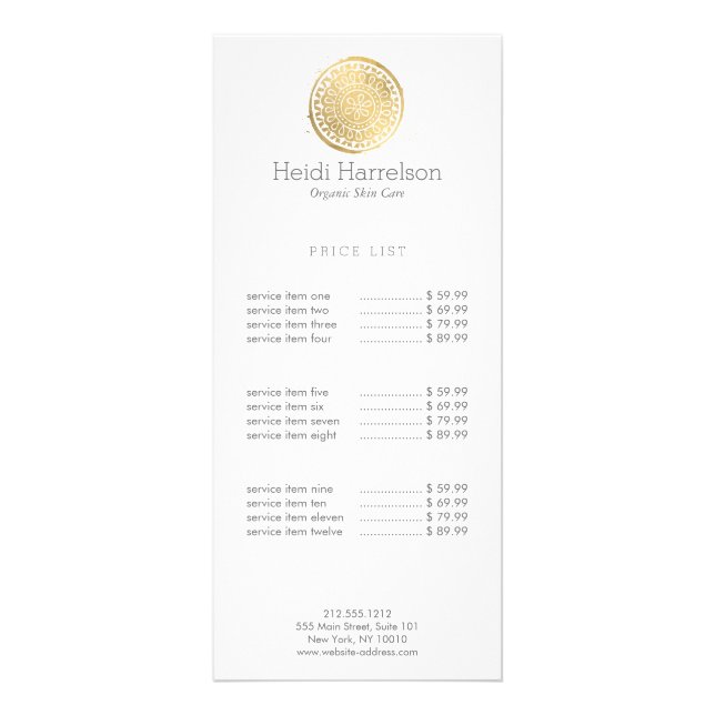 Elegant Beauty Mandala Logo Faux Gold Rack Card (Front)