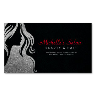 Elegant Beauty Salon & Hair Stylist Silver Black Magnetic Business Card