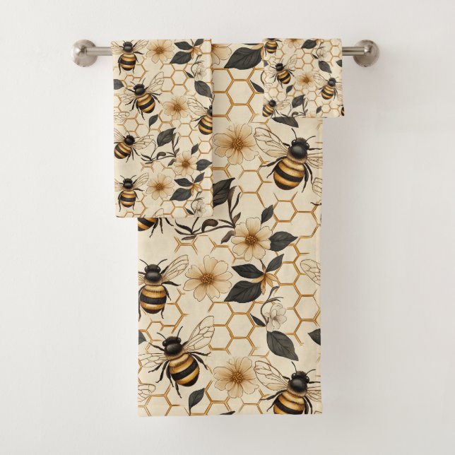 Elegant Bee and Honeycomb Pattern Bath Towel Set (Insitu)