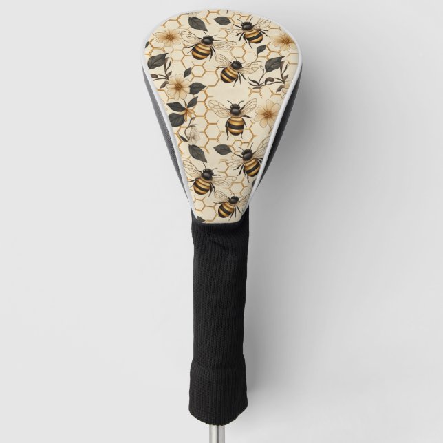 Elegant Bee and Honeycomb Pattern Golf Head Cover (Front)