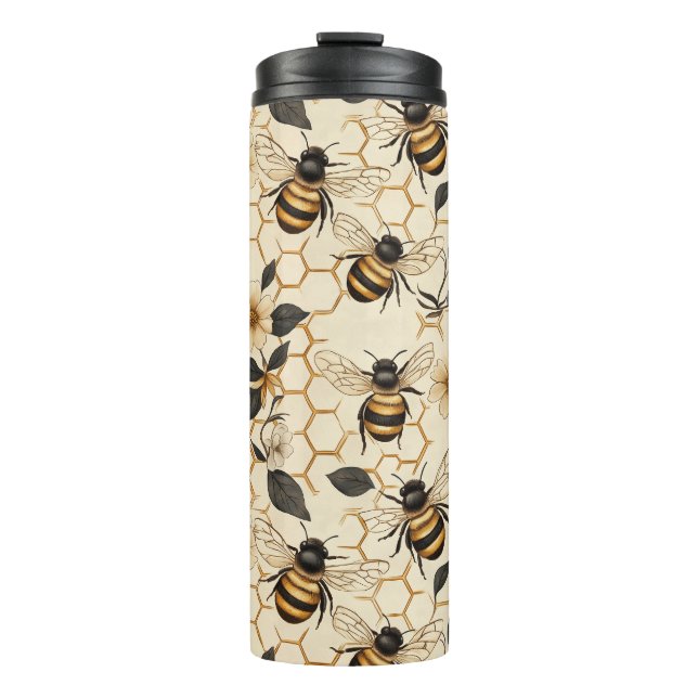 Elegant Bee and Honeycomb Pattern Thermal Tumbler (Front)