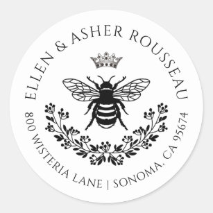 Elegant Bee Floral Newlyweds Name Logo Classic Round Sticker