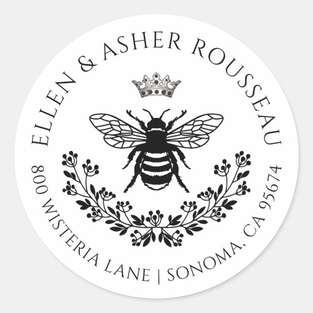 Elegant Bee Floral Newlyweds Name Logo Classic Round Sticker (Front)