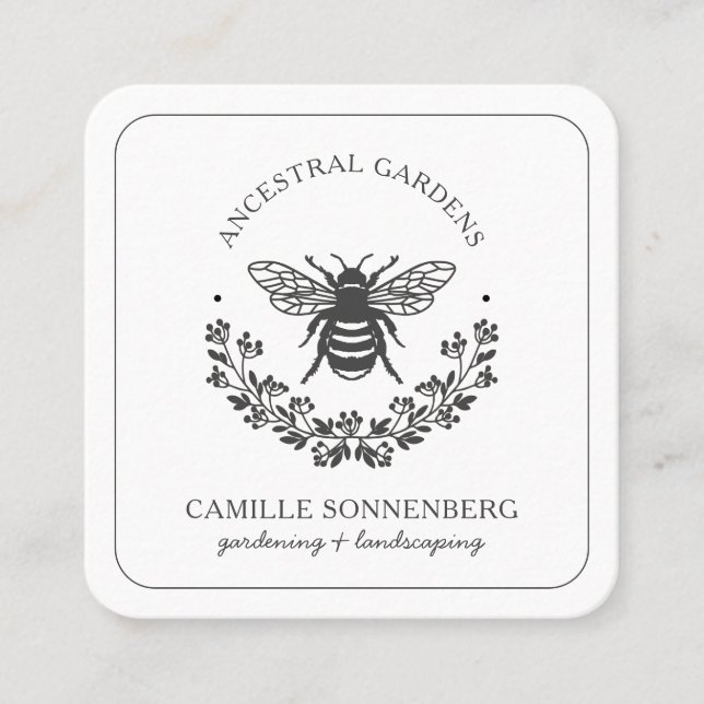 Elegant Bee Laurel Gardener Landscaper Square Business Card (Front)