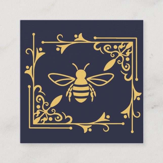 Elegant Bee Logo Bee Beekeeping Navy Blue  Square Business Card (Front)