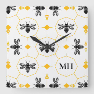 Elegant Bee Pattern Black Monogram Yellow Modern Square Wall Clock