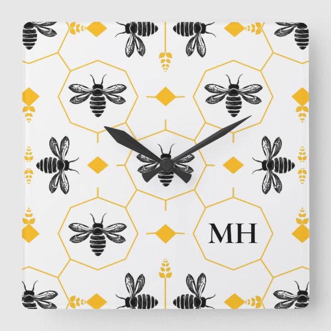 Elegant Bee Pattern Black Monogram Yellow Modern Square Wall Clock (Front)