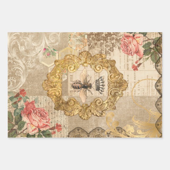 Elegant Bee Vintage Ephemera Decoupage Wrapping Paper Sheet (Front)