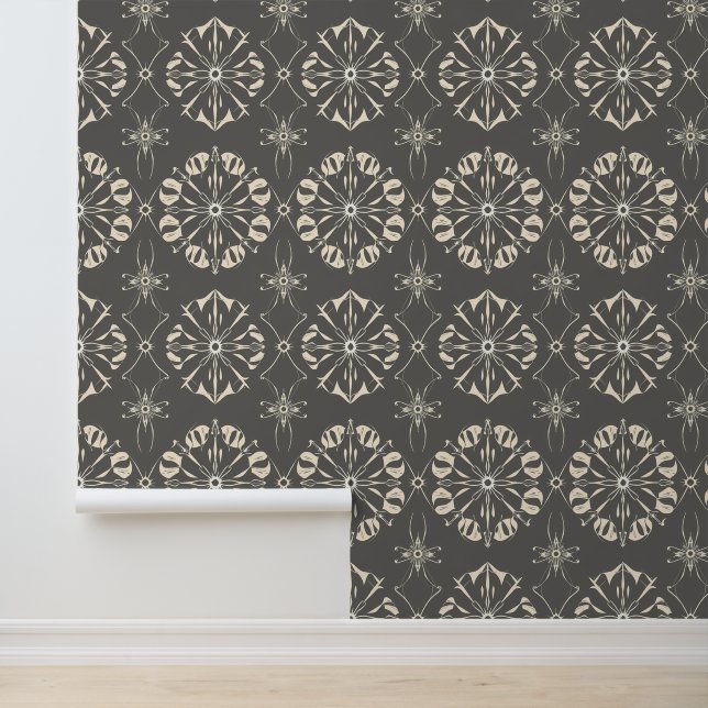 Elegant Beige and Grey Floral Geometric Design Wallpaper (Application)