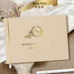 Elegant Beige and Real Foil Monogram Wedding Guest Book<br><div class="desc">Personalise this elegant monogrammed wedding guestbook featuring real gold, silver, or rose gold foil on exquisite monogram and front, spine, and back text. Beige cover background colour in luxurious velvety-soft texture, and beautiful modern calligraphy details in a clean, minimal, and sleek style. Three size options with three inside paper-type choices....</div>