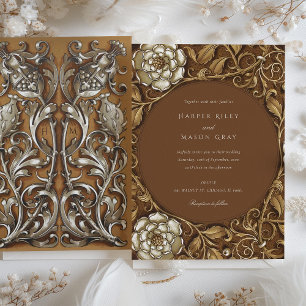 Elegant Beige Art Nouveau Floral Wedding Invitation