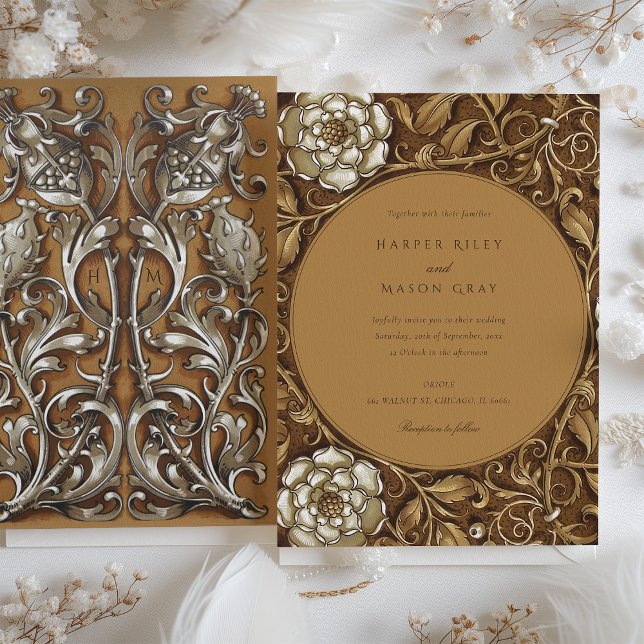 Elegant Beige Art Nouveau Floral Wedding Invitation (Creator Uploaded)