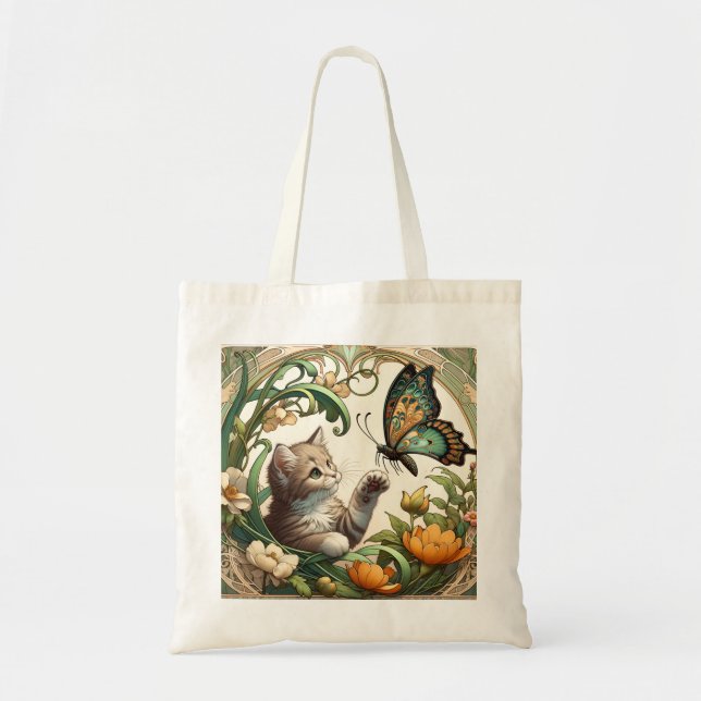 Elegant Beige Art Nouveau Kitten and Butterfly Tote Bag (Front)