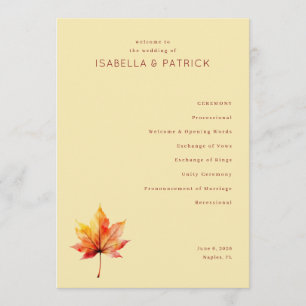 Elegant Beige Autumn Leaf Wedding Ceremony Programme