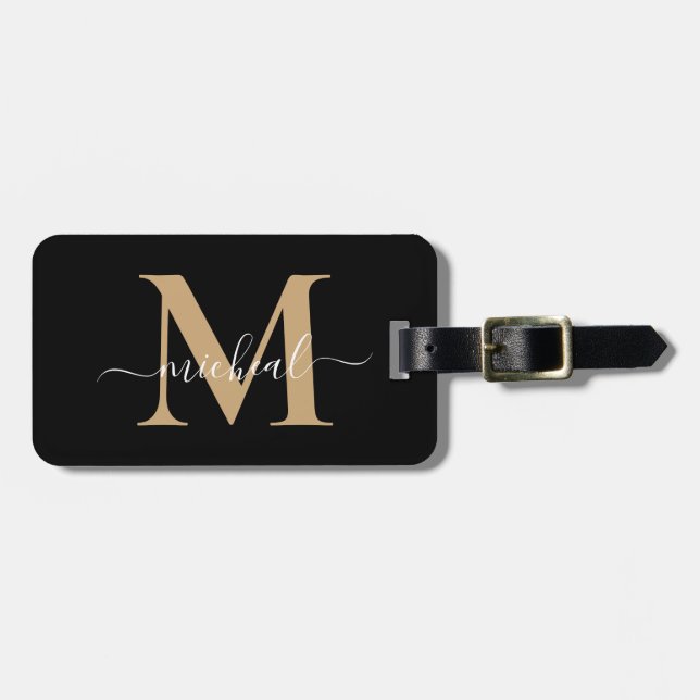 Elegant Beige & Black Monogram Script Name Luggage Tag (Front Horizontal)