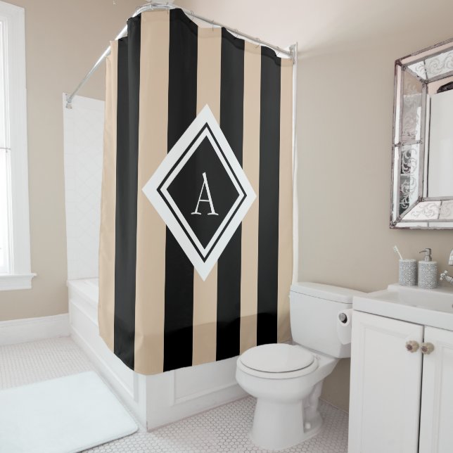 Elegant Beige Black Vertical Stripes Monogram Shower Curtain (In Situ)
