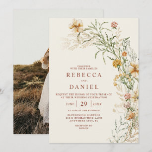 Elegant Beige Boho Floral Photo Wedding Invitation