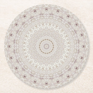 Elegant Beige Boho Medallion Design Round Paper Coaster