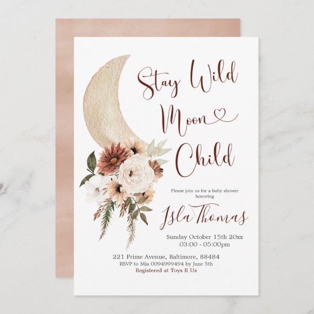 Elegant Beige Boho Moon Baby Shower Invitation (Front/Back)