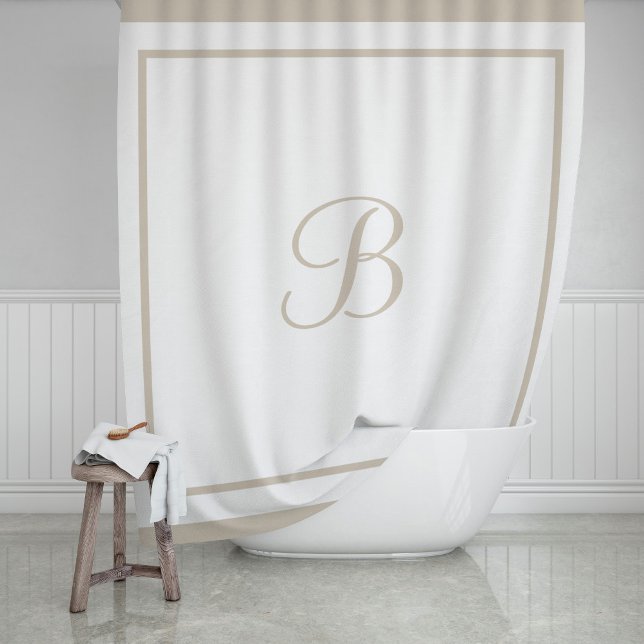 Elegant Beige Border Script Monogram Shower Curtain (Creator Uploaded)